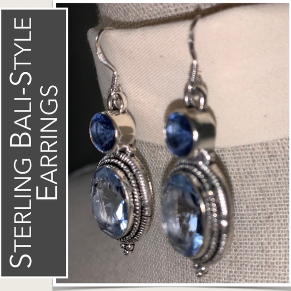 Sterling Earrings Set with Blue Stones - Bali-style with Bead Detailing - Picture 7 of 8